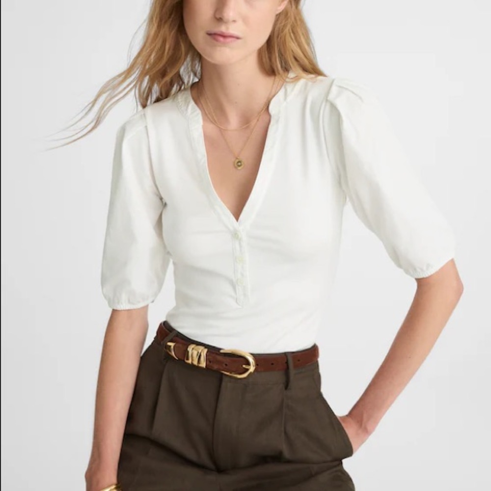 Madewell Puff-Sleeve Henley Knit Top in White